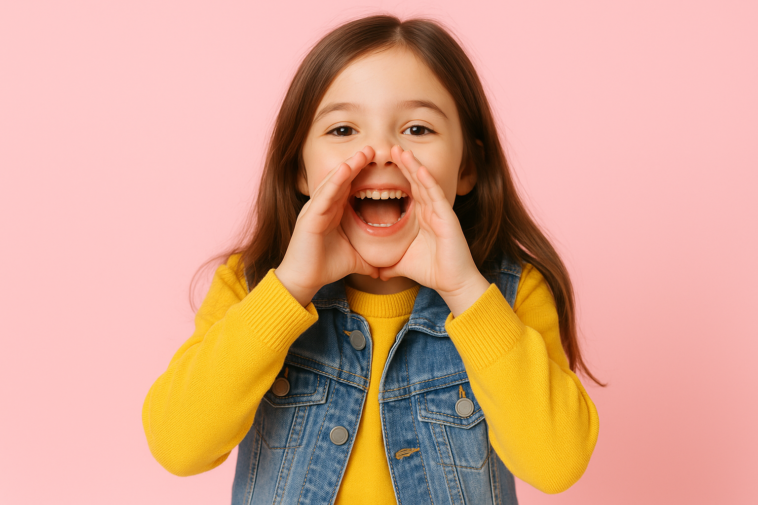 A cheerful young girl with long hair, wearing a yellow sweater and denim vest, standing against a plain pastel pink background. 
She is cupping her hands around her mouth as if calling or shouting playfully. 
Bright, colorful, child-friendly photo style, high resolution, natural lighting, modern studio photography, no text.