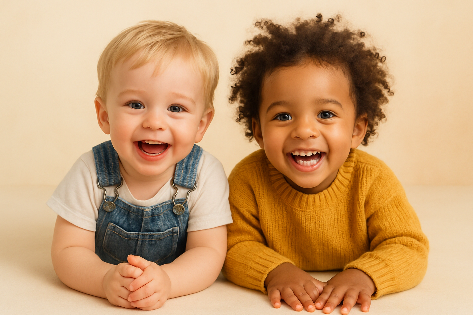 Two young children lying on the floor side by side, smiling and looking at the camera. 
One child wearing denim overalls and the other in a mustard yellow sweater. 
Warm pastel background, playful and cheerful atmosphere, natural lighting, high-resolution photography, child-friendly style.